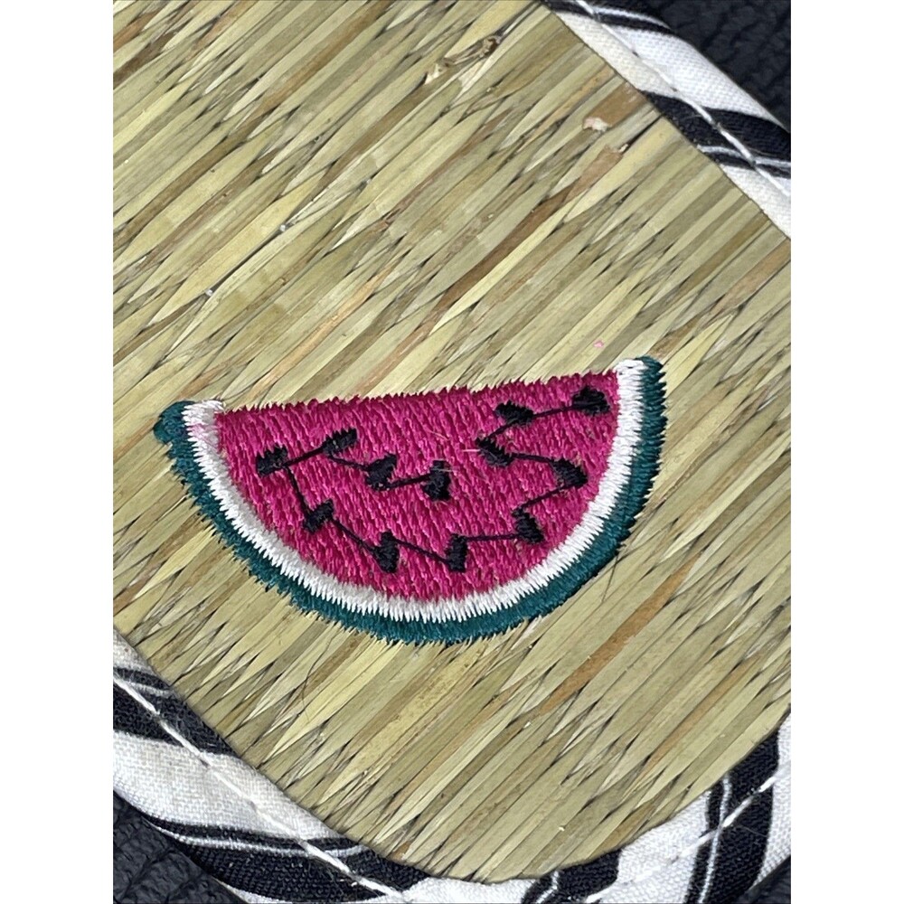 Size 7 Black And White Striped Bow Straw Slide Sandals Watermelon Embroidery - Picture 3 of 6